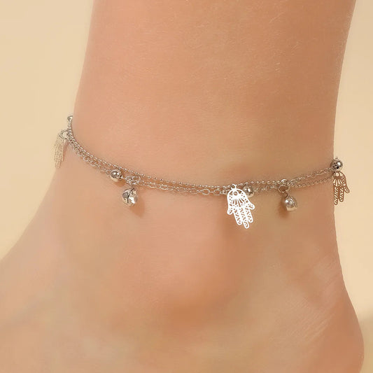 Silver Plated Stainless Steel Anklet with Hamsa Charms – Unisex, Vacation Style | Dariya Jewelry
