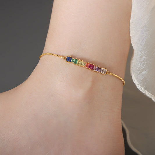 Rainbow Zircon Rectangle Anklet – 18K Gold Plated Titanium Steel