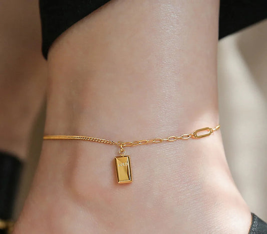 Gold Bar Anklet – 18K Gold Plated Titanium & 304 Stainless Steel Charm