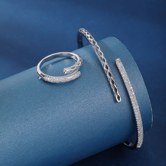 Glam Geometric Copper White Gold Plated Zircon Rings & Bracelets Set - Dariya Jewelry