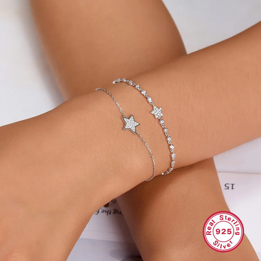 Sterling Silver White Gold-Plated Pentagram Star Zircon Bracelet - Simple Style