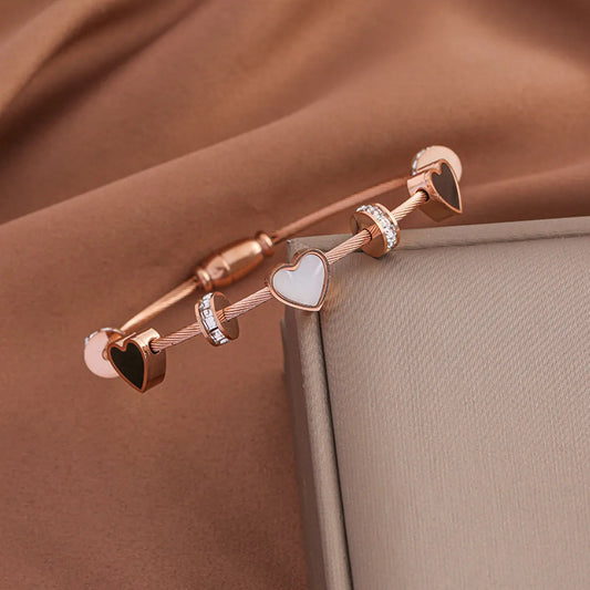 Heart Charm Bangle in 18K Gold Plated Stainless Steel – Sparkling Rhinestone Accents (SKU: BDIY70)