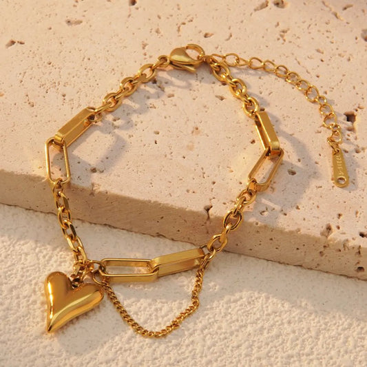 18K Gold Plated Heart Charm Bracelet – 304 Stainless Steel, Trendy & Durable