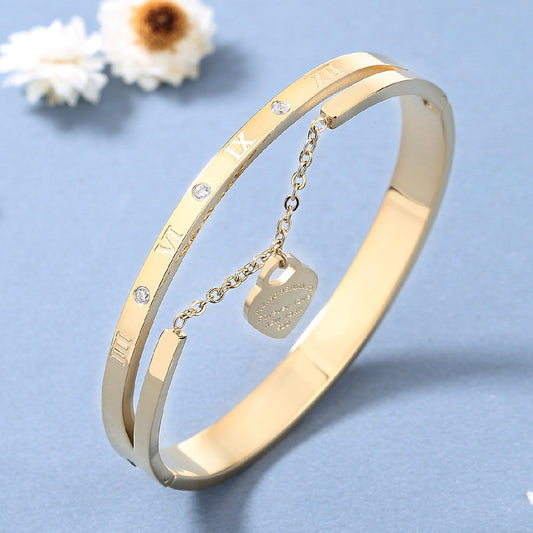 Trendy Heart Charm Stainless Steel Bangle with Roman Numerals - Gold & Silver