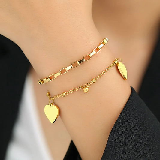 Sweet Layered Heart Charm Titanium Steel Bracelet – Dariya Jewelry