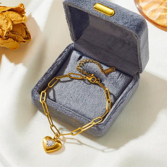 Heart Charm Titanium Steel Bracelet - 18K Gold Plated, Rhinestone Accent | Dariya Jewelry