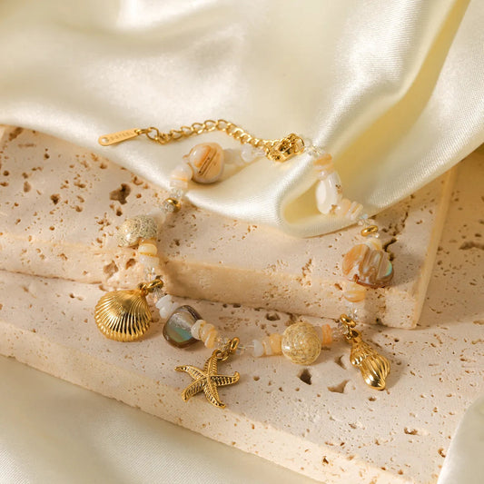 Shopify Product Title: Tropical Starfish & Shell Charm Bracelet – 18K Gold Plated Handmade