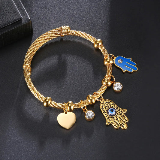 Roman Style Evil Eye & Hamsa Charm Bangle – Gold-Plated 304 Stainless Steel