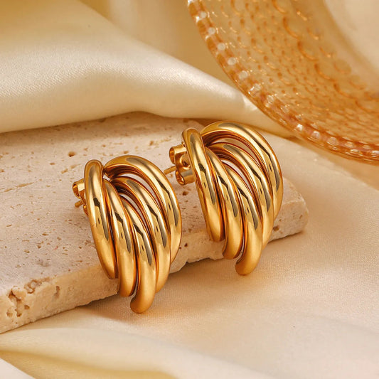 Bold 18K Gold Plated Twisted Hoop Ear Studs – Stainless Steel, Timeless Shine