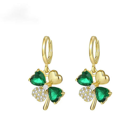 Elegant Gold-Plated Four-Leaf Clover Drop Earrings with Zircon