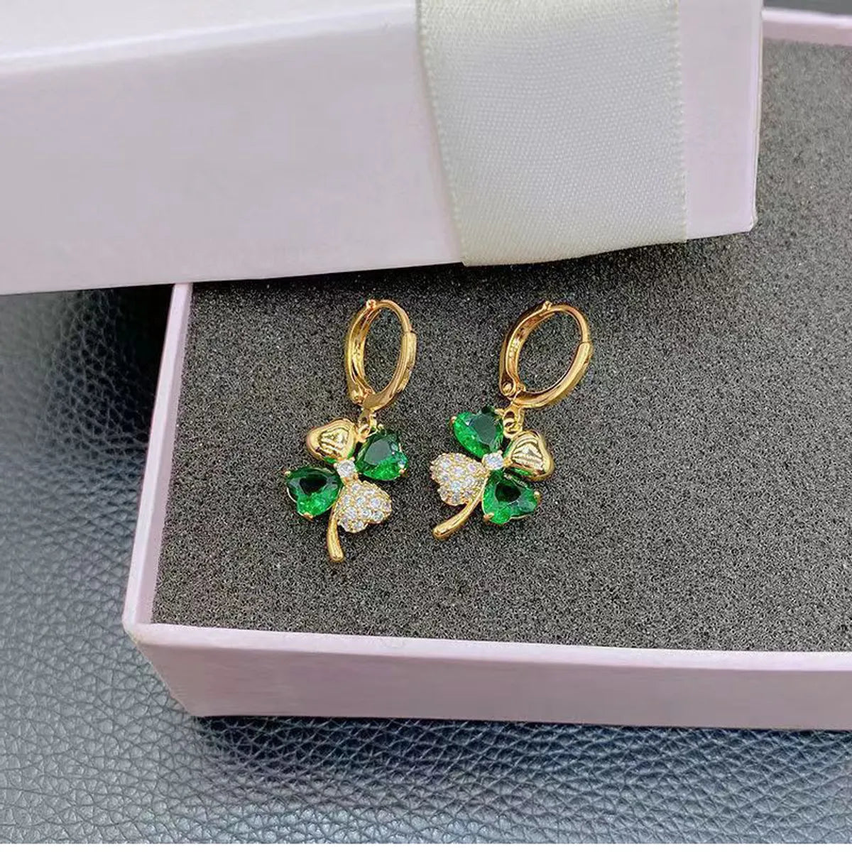 Elegant Gold-Plated Four-Leaf Clover Drop Earrings with Zircon