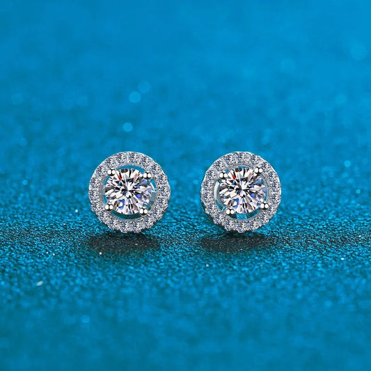 : Sterling Silver Round Moissanite & Zircon Ear Studs – Elegant & Luxurious
