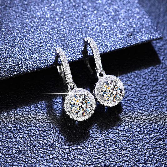 Simple Style Round Moissanite & Zircon Drop Earrings in Sterling Silver