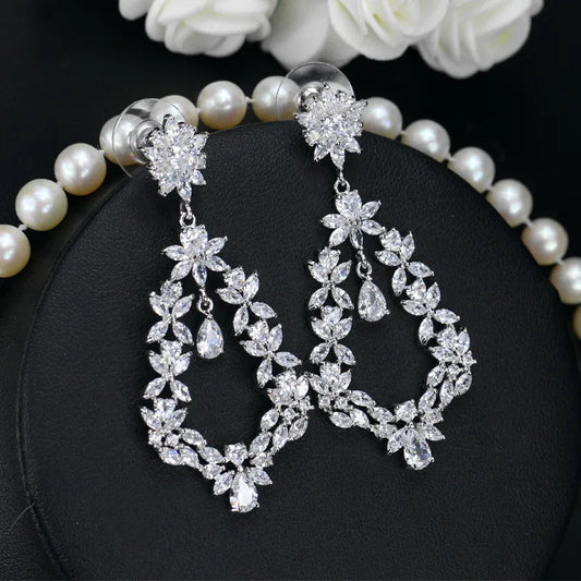 Elegant White Gold Plated Drop Earrings with Shiny Zircon Water Droplet & Flower Design – 925 Silver