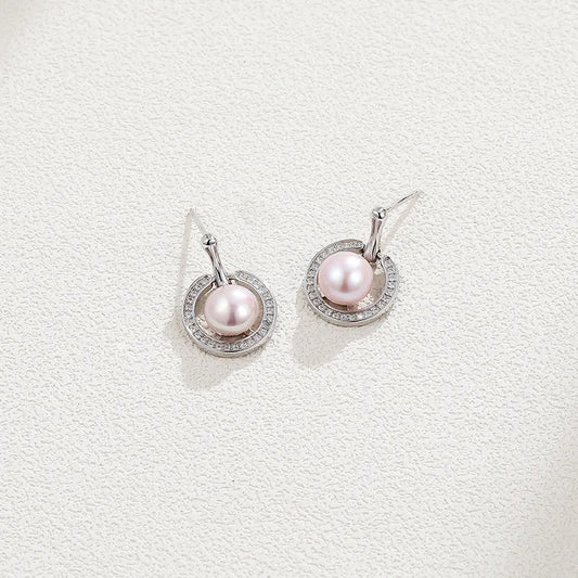 Elegant Sterling Silver Pearl Zircon White Gold Plated Drop Earrings – Circle Design