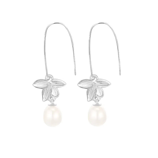 Elegant Sterling Silver Pearl Drop Earrings – White Gold Plated, Luxurious & Glamorous