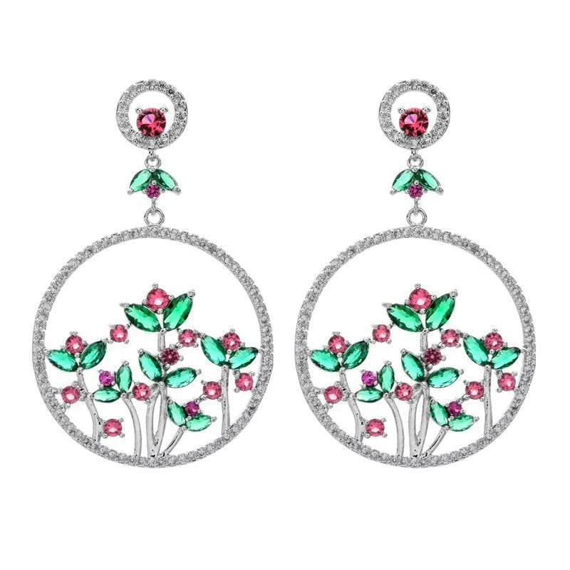 1 Pair Glam Shiny Circle Flower Copper Zircon White Gold Plated Drop Earrings