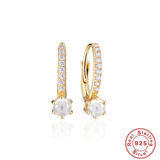 Simple U-Shape Sterling Silver Dangling Earrings with Pearl & Zircon Inlay - 1 Pair