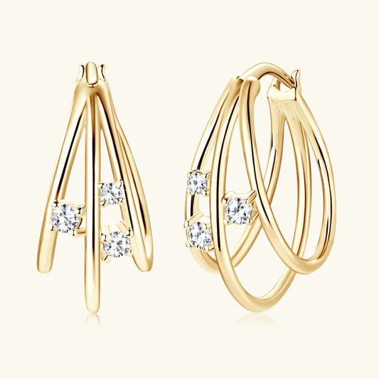 Sterling Silver & Gold-Plated Triple Hoop Moissanite Earrings – Classic Sparkle | Dariya Jewelry