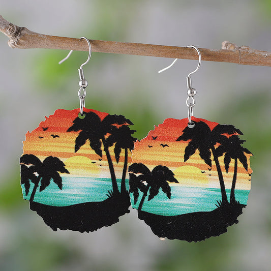 Vacation Beach Wave & Sunset Palm Wood Drop Earrings – Stainless Steel Hooks | Dariya Jewelry