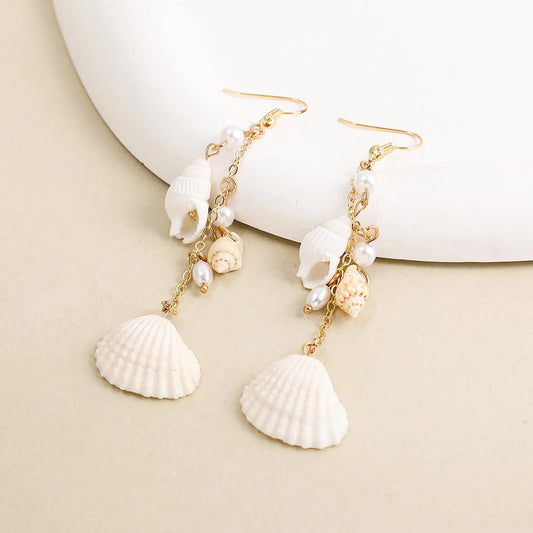 Boho Conch Shell & Pearl Drop Earrings – Alloy Beach Statement | Dariya Jewelry