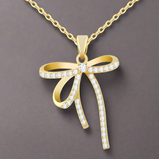 Ribbon Bow Tie Diamond Pendant Necklace – 18K Gold Plated, Non-Tarnish
