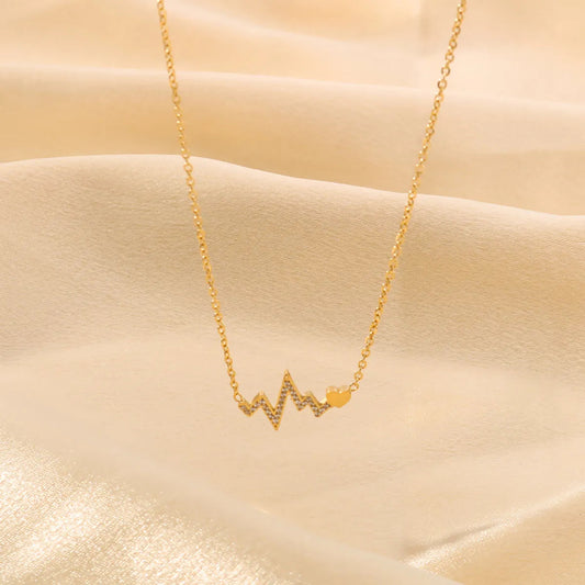 18K Gold Plated Stainless Steel Heartbeat Necklace – Shiny & Romantic