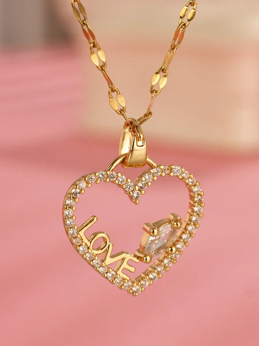 ✨ Heart-Shaped Zircon Pendant Necklace – 18K Gold Plated Stainless Steel | Dariya Jewelry
