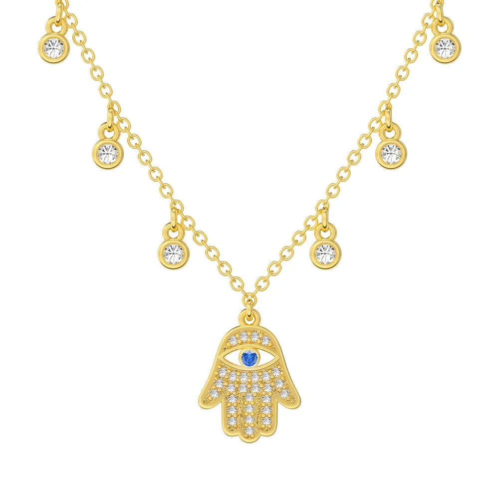 Hamsa Hand Evil Eye Pendant Necklace in 925 Sterling Silver – Zircon Charm