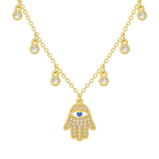Hamsa Hand Evil Eye Pendant Necklace in 925 Sterling Silver – Zircon Charm