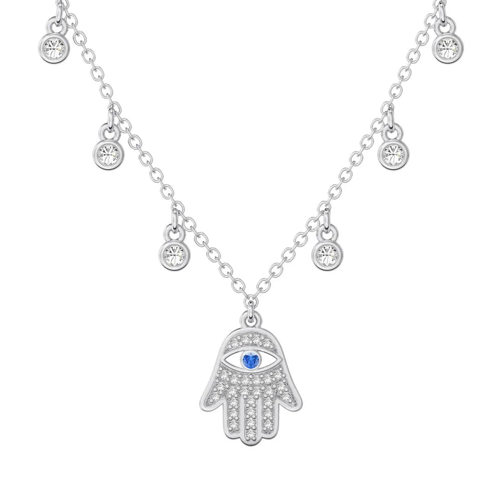 Hamsa Hand Evil Eye Pendant Necklace in 925 Sterling Silver – Zircon Charm