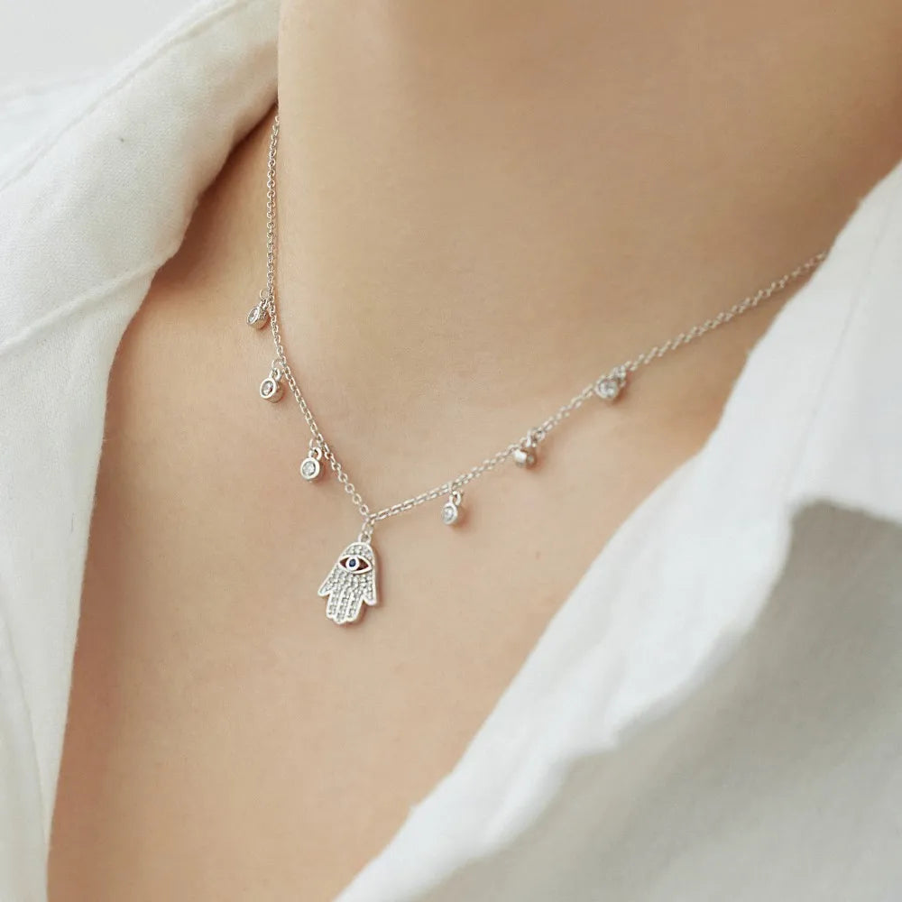 Hamsa Hand Evil Eye Pendant Necklace in 925 Sterling Silver – Zircon Charm