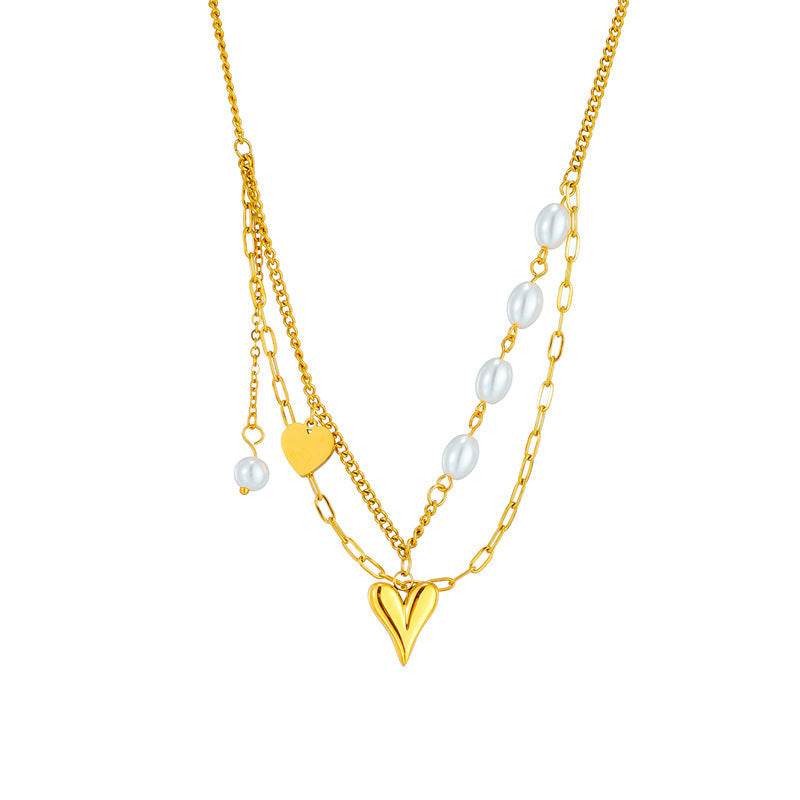 Layered Gold Heart Pendant Necklace – Stainless Steel with Faux Pearls | Dariya Jewelry