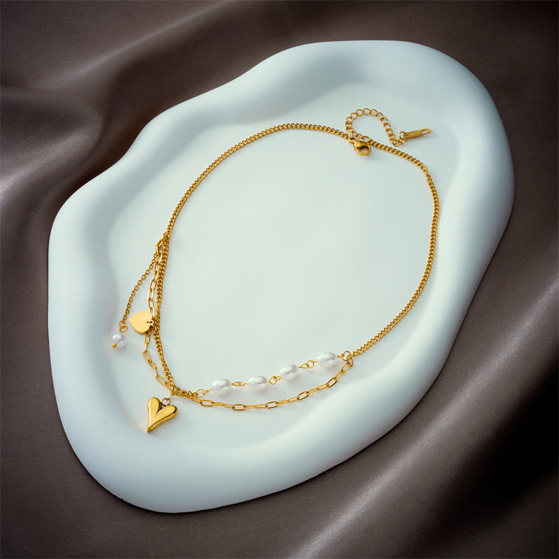 Layered Gold Heart Pendant Necklace – Stainless Steel with Faux Pearls | Dariya Jewelry