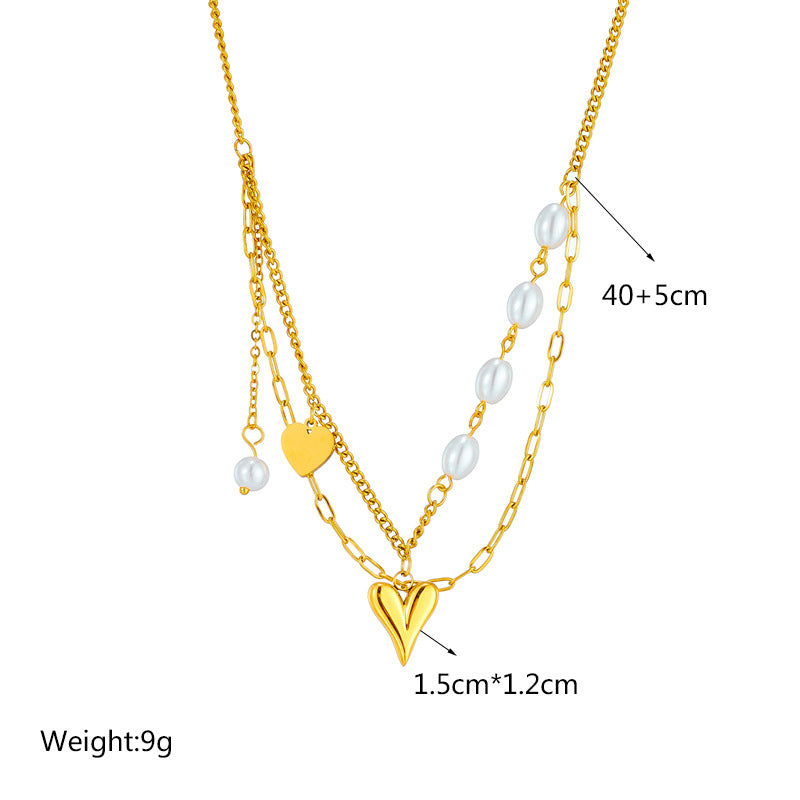 Layered Gold Heart Pendant Necklace – Stainless Steel with Faux Pearls | Dariya Jewelry