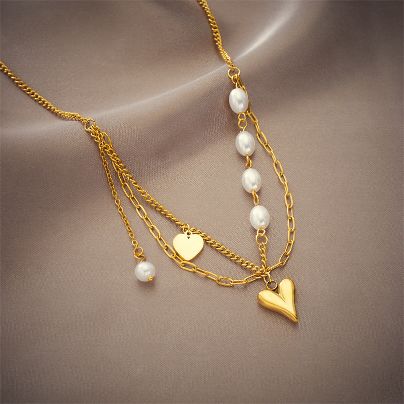 Layered Gold Heart Pendant Necklace – Stainless Steel with Faux Pearls | Dariya Jewelry