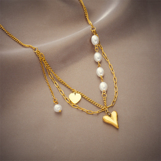 Layered Gold Heart Pendant Necklace – Stainless Steel with Faux Pearls | Dariya Jewelry