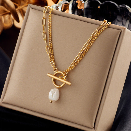 Dariya Jewelry Irregular Pearl Pendant Geometric Titanium Steel Necklace