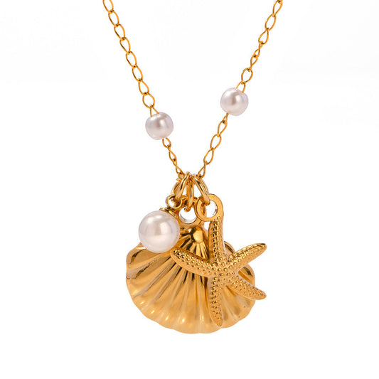 Seashell & Starfish Charm Necklace – Stainless Steel Gold-Plated Jewelry | Dariya Jewelry