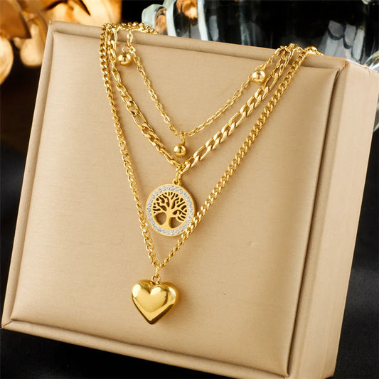 Elegant Heart & Life Tree Titanium Steel Pendant Necklace for Women