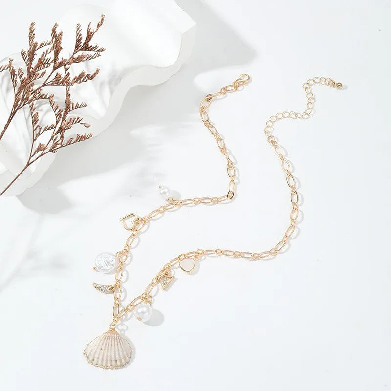Elegant Gold Shell Charm Necklace – Rhinestone Beach Pendant for Women