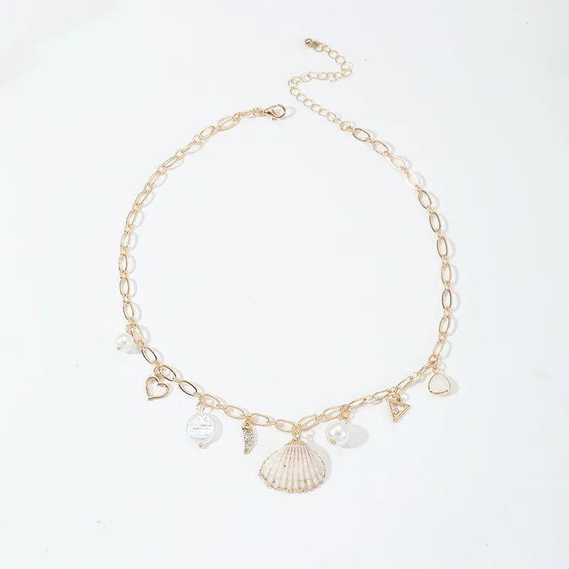 Elegant Gold Shell Charm Necklace – Rhinestone Beach Pendant for Women