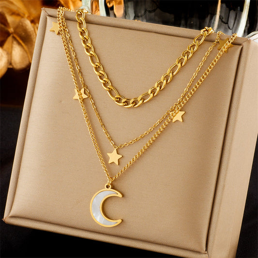 Star & Moon Layered Necklace in Gold-Tone Titanium Steel – Chic Celestial Vibe