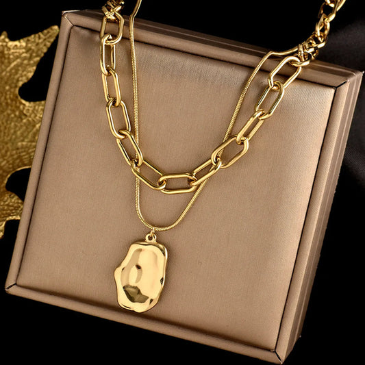Bold Irregular Layered Gold Necklace – Titanium Steel Statement Piece