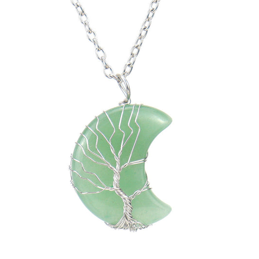 Natural Stone Crescent Moon Tree of Life Pendant Necklace – Handmade Copper Wire Wrap