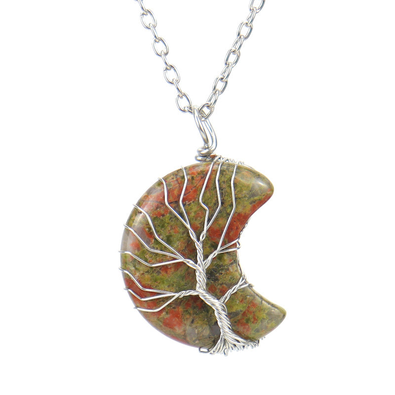 Natural Stone Crescent Moon Tree of Life Pendant Necklace – Handmade Copper Wire Wrap