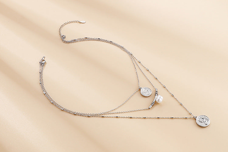 Layered Coin & Pearl Pendant Necklace – Titanium Steel Gold & Silver | Dariya Jewelry