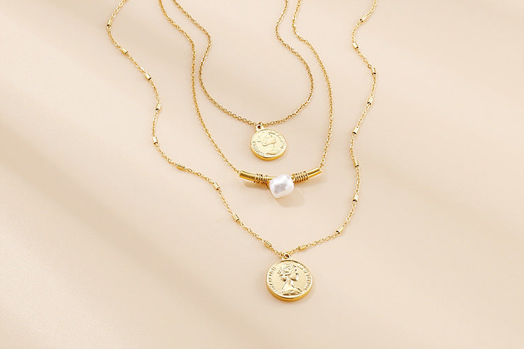 Layered Coin & Pearl Pendant Necklace – Titanium Steel Gold & Silver | Dariya Jewelry