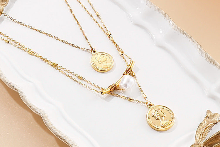 Layered Coin & Pearl Pendant Necklace – Titanium Steel Gold & Silver | Dariya Jewelry