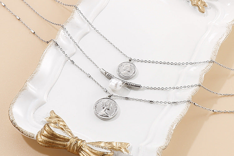 Layered Coin & Pearl Pendant Necklace – Titanium Steel Gold & Silver | Dariya Jewelry